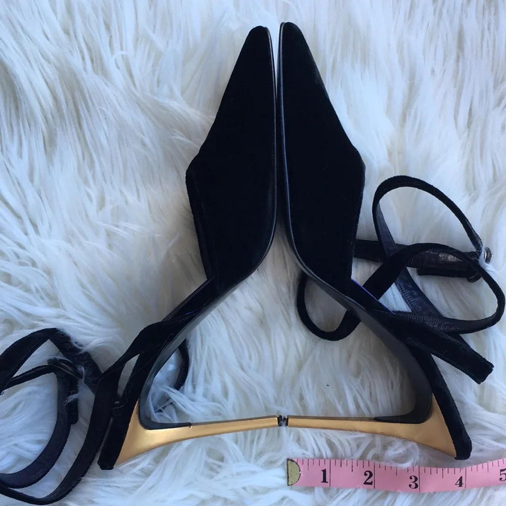 Donna Karan New York Black Velvet Pointy Toe Ankle Strap Heels - Picture 10 of 16
